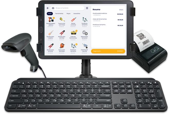 Computador com Hup PDV, teclado, leitor de código de barras e impressora